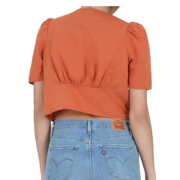 Levi's Luisa Linen Blend Cropped Puff Sleeve Blouse V-neck Top Sz L‎ Milkmaid - Picture 3 of 8